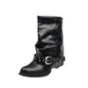 Botas vaqueras retro con hebilla plisada Botas de caballero Botas para mujer 2026 Nuevas Botines de tacón grueso Botas versátiles para mujer con caña apilada