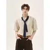 Camisa de manga corta a rayas azul smog con textura estilo marido para hombre, ropa de verano para vacaciones en la isla, camisa de corbata oscura