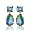Brincos Geométricos Azul-Verde Cross-Border Cao Shi, Brincos Geométricos de Gradiente Gota d'Água de Alto Padrão, Acessórios Clássicos Elegantes e Versáteis