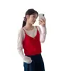 Chaleco Camisola de Punto de Manga Larga Estilo Coreano para Mujer, Adecuado para Usar en Capas, Top de Color Sólido con Cuello en V