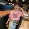 Camiseta de Algodão Puro de Manga Curta para Meninas, Novo Estilo de Verão, Estampa de Desenho Animado, Manga Meia-Manga, Moda Casual Solta para Estudante Bebê