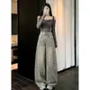 Jeans Feminino Retro Americano Desgastado Corte Curvo Cinza Claro Novo da Primavera de 2026, Calça de Cintura Alta Solta Larga Comprimento Total