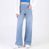 Jeans de Cintura Alta de Pierna Ancha con Dobladillo de Orejas de Gato, Mezclilla Lavada, Cintura Elástica, Pantalones Rectos Fluidos, Pantalones de Mezclilla de Corte Holgado para Mujer