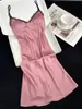 Pijama Nuevo Estilo Primavera y Verano para Mujer, Camisón Sexy de Tirantes con Cuello en V Espalda Bonita, Juego de Cinco Piezas con Almohadillas para el Pecho, Ropa de Casa de Seda