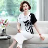 Moda Nueva de Verano Holgada Tallas Grandes Elegante Ropa para Mamá de Mediana Edad, Reduce la Edad y Adelgaza Blusa de Manga Corta con Estampado de Loto