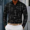 Camisa tipo polo de manga larga para hombre en dos tonos, cuello camisero, top casual de tres botones con estampado de textura a cuadros finos