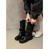 Botas Retrô com Salto Grosso e Fivela, Botas de Cano Médio com Bico Redondo, Fivela de Cinto, Estilo Hot Girl, Efeito Emagrecedor, Franzidas