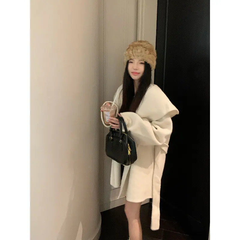 柚子琪 魔女斗篷 白色羊毛大衣女双面呢高级感翻领中长款毛呢外