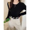 Camada base branca com babados e mangas compridas para mulheres, nova coleção de outono de 2026, suéter de gola redonda, top de malha slim fit