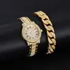 Pulsera Cubana de Lujo con Números Romanos y Diamantes Incrustados, a la Moda y Popular, Combinada con Reloj para Mujer, Reloj de Acero Hip-Hop de Moda
