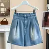 Toma real de shorts de mezclilla plisados de cintura alta para mujer, verano 2026, holgados, casuales, adelgazantes, pantalones de 5 puntos de pierna ancha de longitud media