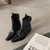 Botines cortos western de piel de vaca suave, punta fina de moda, corte en V adelgazante, tacón grueso, arrugados, para mujer, botas Martin de cuero genuino, botines