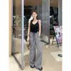 Pantalones de pierna ancha hasta el suelo para mujer, diseño simple de cordón, otoño temprano, delgados, de cintura alta, holgados, adelgazantes, a cuadros, versátiles y de moda