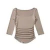 Camiseta Sexy de Manga Media Plisada con Cuello Cuadrado Puro para Chicas Calientes, Nueva de Primavera, Diseño Irregular, Top Básico Ajustado