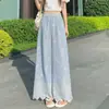 Roupas Femininas Calça de Perna Larga Bordada Listrada Azul para Mulheres 2026 Verão Novo Cintura Alta Renda Costurada Casual Reta
