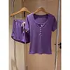 Pijama Morado de Puro Deseo con Mangas Cortas y Shorts para Mujer 2026 Nuevo Estilo de Verano Chica Atrevida Puede Salir a Usar Conjunto de Ropa para el Hogar Ajustado para Mujer