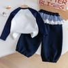 Conjunto de Outono Cartoon Estilo Floresta Coreana para Meninas 2025 Novo Fofo Estampado Color-Blocking Camiseta + Calça Jogger com Barra Franzida