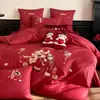 Set Romántico de Boda Clase A: Juego de Cuatro Piezas de Algodón 100% de Fibra Larga, Funda de Edredón Roja Bordada de Algodón Puro para Boda, Ropa de Cama Nupcial