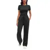 Conjunto casual de moda europeu e americano de comércio exterior transfronteiriço 2026, best-seller: conjunto de blusa de manga curta plissada e calça comprida para mulheres