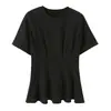 Roupas Femininas Transfronteiriças 2026 Moda Europeia e Americana Casual Algodão Plissado Acinturado Gola Redonda Manga Curta Camiseta para Mulheres M87028
