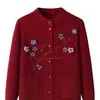 Roupas para mãe de meia-idade e idosa, estação outono e inverno, tricô feminino solto, quente, camada base, blusa, cardigã, bordado, peça externa espessa