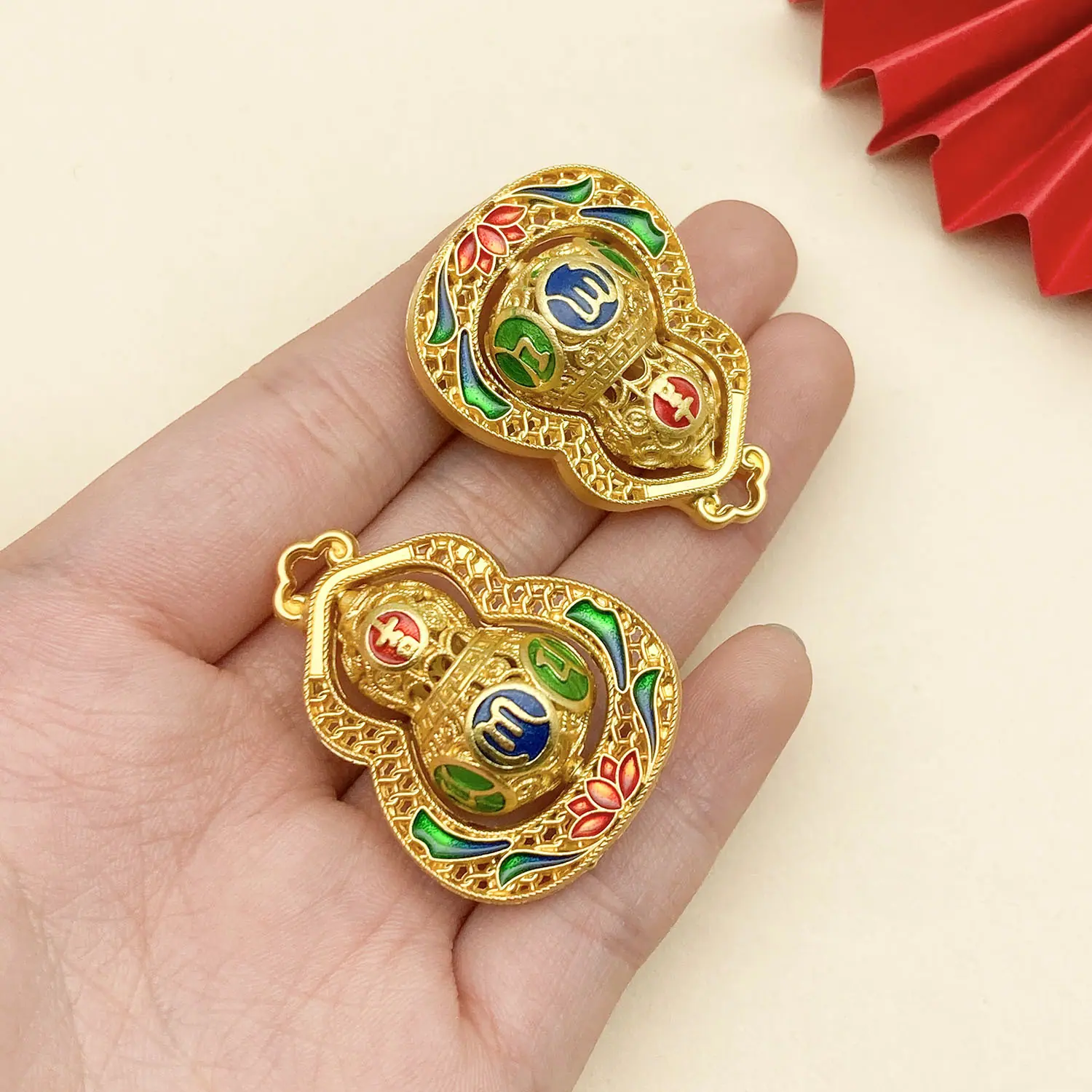 22587-ZH-绿色滴油锌合金古法金哑金旋转吉六字真言葫芦