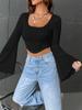 Europeu e americano transfronteiriço novas roupas femininas cor sólida gola em U umbigo emagrecimento moda alargado manga comprida top sexy camiseta curta para mulheres