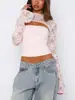 Nuevo Estilo Europeo y Americano 2026 Sexy Encaje Patchwork Hueco Chica Caliente Manga Acampanada Favorecedor de Figura Top Corto para Mujeres