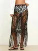 Falda midi de encaje con flecos, superventas transfronteriza europea y americana, de cintura alta, transparente, con detalles de corte, sobrecapa de malla, perfecta para vacaciones y salidas a la playa