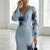2026 Nuevo Modelo Estación Independiente Transfronteriza Estilo Europeo y Americano Vestido Largo Azul Estampado Elegante Vestido de Fiesta para Mujer
