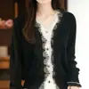 Estilo Pequeno Chanel Outono Inicial Novo Tricô de Lã com Retalhos de Renda Feminino Cardigan de Lã Gola V Top Tricô de Manga Longa