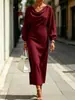 Vestido Minimalista Europeu e Americano de Manga Bufante com Gola Swing para Primavera e Outono de 2026, Cintura Marcada, Emagrecedor, Comprimento Médio, Tubinho