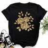 Maycar Nova Moda Rosa Dourada Estampada Camiseta Feminina Harajuku Manga Curta Camiseta Casual Gola O Top Camiseta Preta