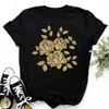 Maycar Nova Moda Estampa de Rosa Dourado Camiseta Feminina Harajuku Manga Curta Camiseta Casual Gola O Top Camiseta Preto