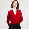 Suéter 100% Lã, Tricô Elegante com Decote V Acinturado para Mulheres, Blusa de Base Fashion e Casual com Pedraria Quente Cor Lisa para Mulheres