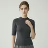 Suéter base para mujer, lavable a máquina, sin costuras, cuello medio alto, manga corta, corte ajustado, delgado, tipo playera de punto, tejido
