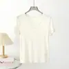 Camiseta Fina Feminina de Manga Curta com Decote em V, Malha Elástica, Ajuste ao Corpo, Cor Sólida, Mistura de Seda de Amora e Caxemira, Camada Base Versátil Emagrecimento