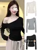 Camiseta de Manga Larga Ajustada Pure Desire Hot Girl sin Hombros para Mujer, Camiseta Superior de Diseño Único Asimétrico para Principios de Otoño