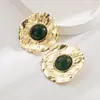 Pendientes de Alta Gama He Ming Estilo Barroco Retro Patrón Geométrico Incrustado con Ojo de Gato Redondo Plisado Aguja de Plata S925 para Mujer