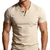2026 Comercio Exterior Transfronterizo Camiseta de Manga Corta para Hombre con Cuello en V de Algodón y Lino Camiseta de Lino para Hombre Delgada Ajustada de Color Sólido con Dos Botones