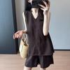 El enfoque está en una sensación relajada y perezosa: Conjunto de Camiseta sin Mangas de Lino Tencel + Shorts Casuales para Mujer Y0721T