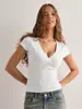 Amazon Europa y Estados Unidos transfronterizo 2025 primavera y verano nuevo color liso temperamento delgado moda chica popular cuello en V profundo camiseta ropa de mujer