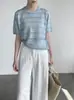 Camiseta Feminina de Tricô Verão Estilo Coreano Taochuan com Gola Redonda, Recortes e Manga Curta, 2026 Verão, Solta, Versátil, Seda de Gelo, Tamanho 5608