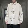 Camisa larga de manga larga de gran tamaño para hombre para primavera y otoño, estilo chino con cuello abotonado, chaqueta tipo traje Tang, corte holgado, color liso, camisa casual de algodón y lino