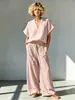 2026 Amazon Europa América Transfronterizo Verano Nuevo Algodón Lino Casual Cuello en V Manga Corta Camisa + Pantalones de Pierna Ancha Conjunto Mujer