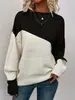 Suéter Feminino Europeu e Americano para Comércio Exterior Transfronteiriço Casual Malha Solta Cor Blocada Amazon Manga Longa Gola Redonda Top de Tricô