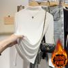 Camiseta de Gola Alta de Veludo Alemão de Dupla Face para Outono e Inverno para Mulheres com Caimento Slim, Camiseta de Manga Comprida, Top Espesso Forrado com Lã