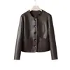 Chaqueta Corta de Piel de Cabra para Mujer Estilo Old Money para Primavera y Otoño, Patrón de Lichi, Cuello Redondo, Chaqueta de Cuero Estilo Chanel