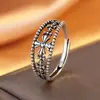 Anillo de Cruz Creativo Estilo Coreano Vintage de Plata de Ley S925 con Acabado Envejecido, Anillo Abierto de Dedo de Nicho de Moda para Mujeres