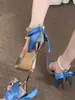 Zapatos de tacón alto azules con plataforma impermeables de perlas para mujer, nuevas sandalias de tacón alto huecas con lazo para mujer, verano 2025